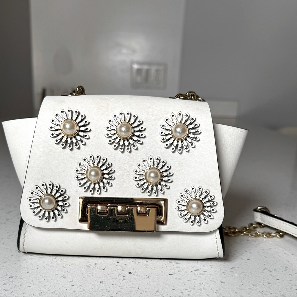 ZAC ZAC POSEN Eartha Iconic Mini Chain white LEATHER floral purse/bag
